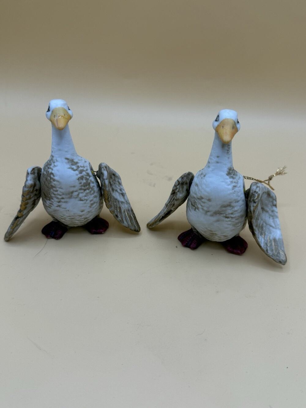 Vintage Goose Christmas Ornaments Pair Porcelain Ceramic Winged Birds Repair